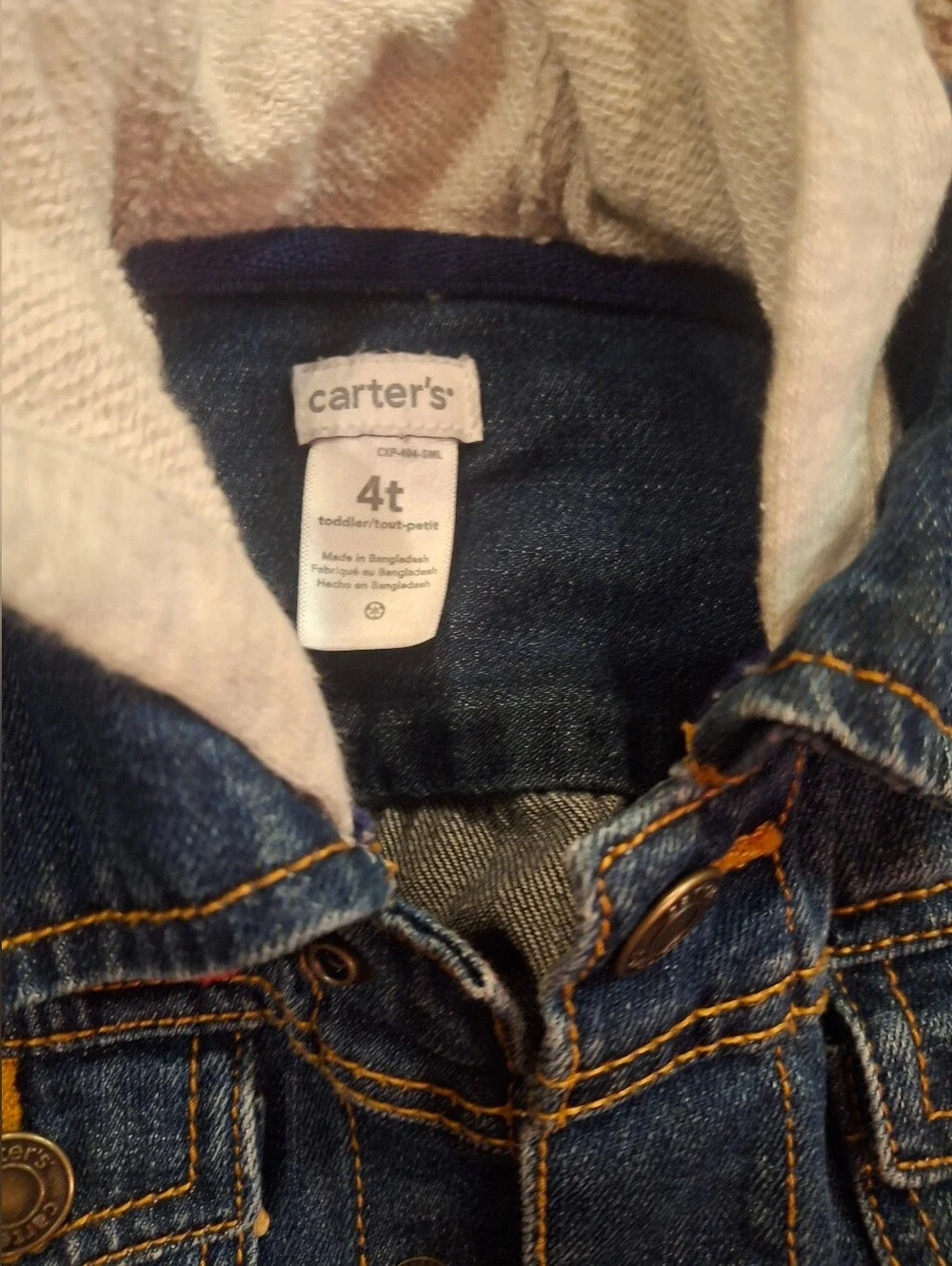 Cute Carter's Denim Jean Jacket with Light Gray Hood and Patch Accents Size 4t